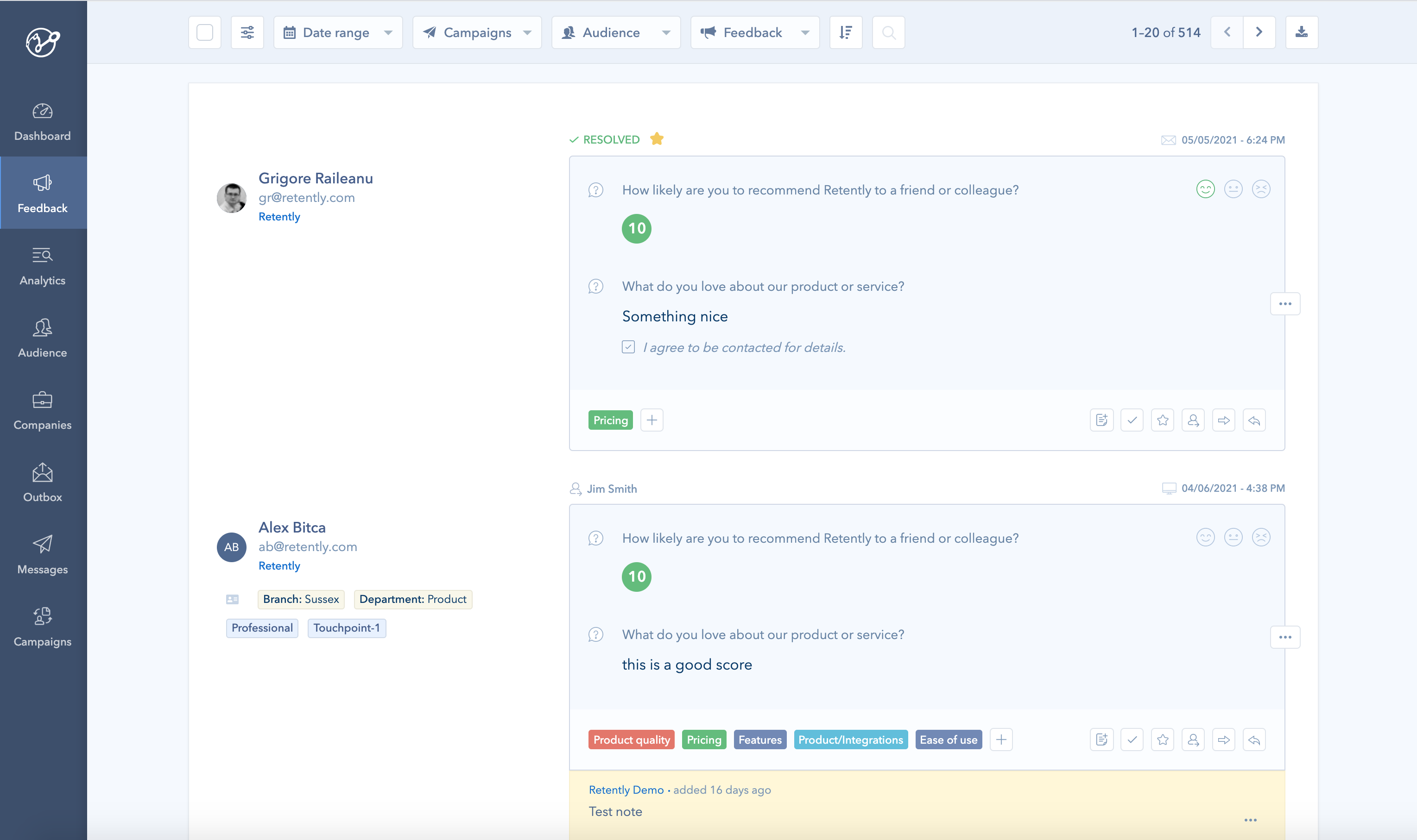 Retently Software - Feedback Management