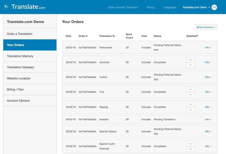 Translate Software - Realtime Order Status