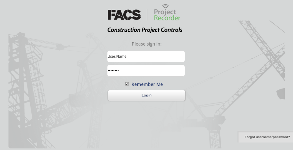 FACS screenshot: Log-in to FACS securely with a user name and password