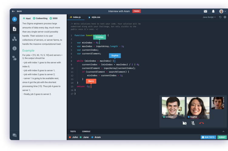 CodeSignal Software - Conduct live remote and on-site interviews using CodeSignal's pair programming solution with high definition video and audio via CodeSignal's advanced IDE environment.
