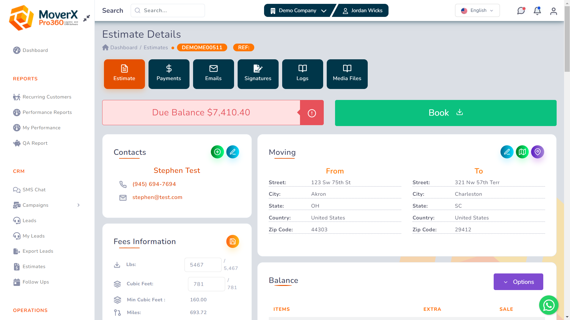 Moverxpro360 Software - MoverXpro 360 Estimate Page