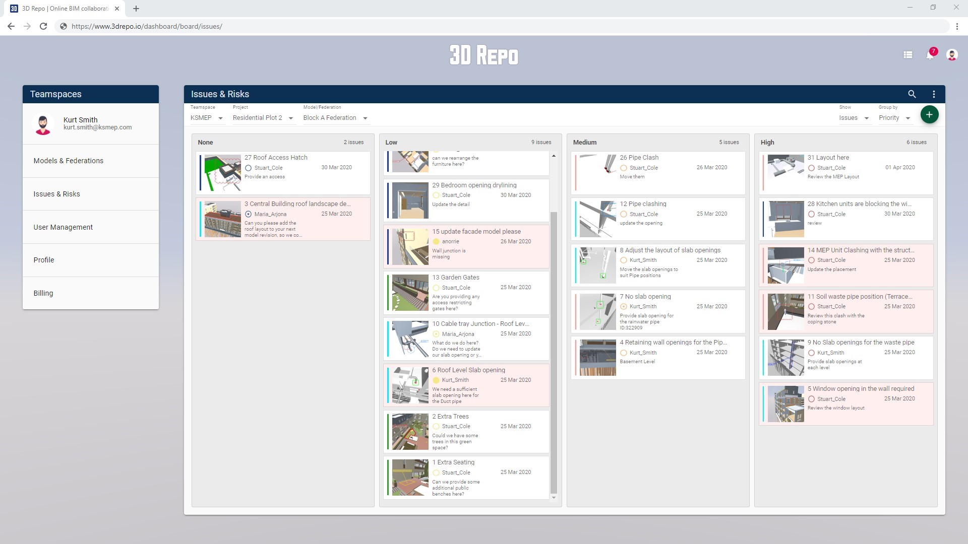 The Kanban board allows all users to view, sort, edit, and even add new issues and risks without loading the 3D model.