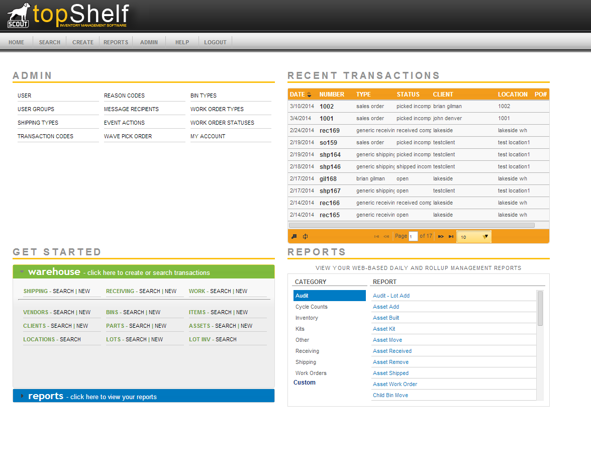 Extensiv Warehouse Management screenshot: Extensiv Warehouse Manager admin portal