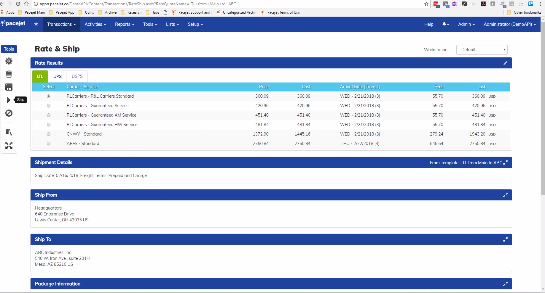 Pacejet transactions screenshot
