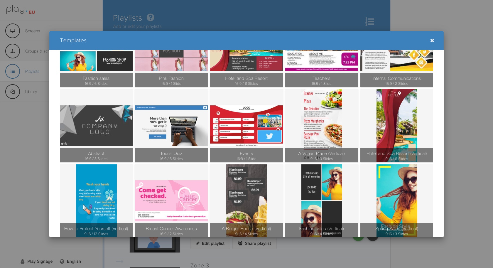 Play Digital Signage Software - Create  your own  playlists or use one of our many templates.