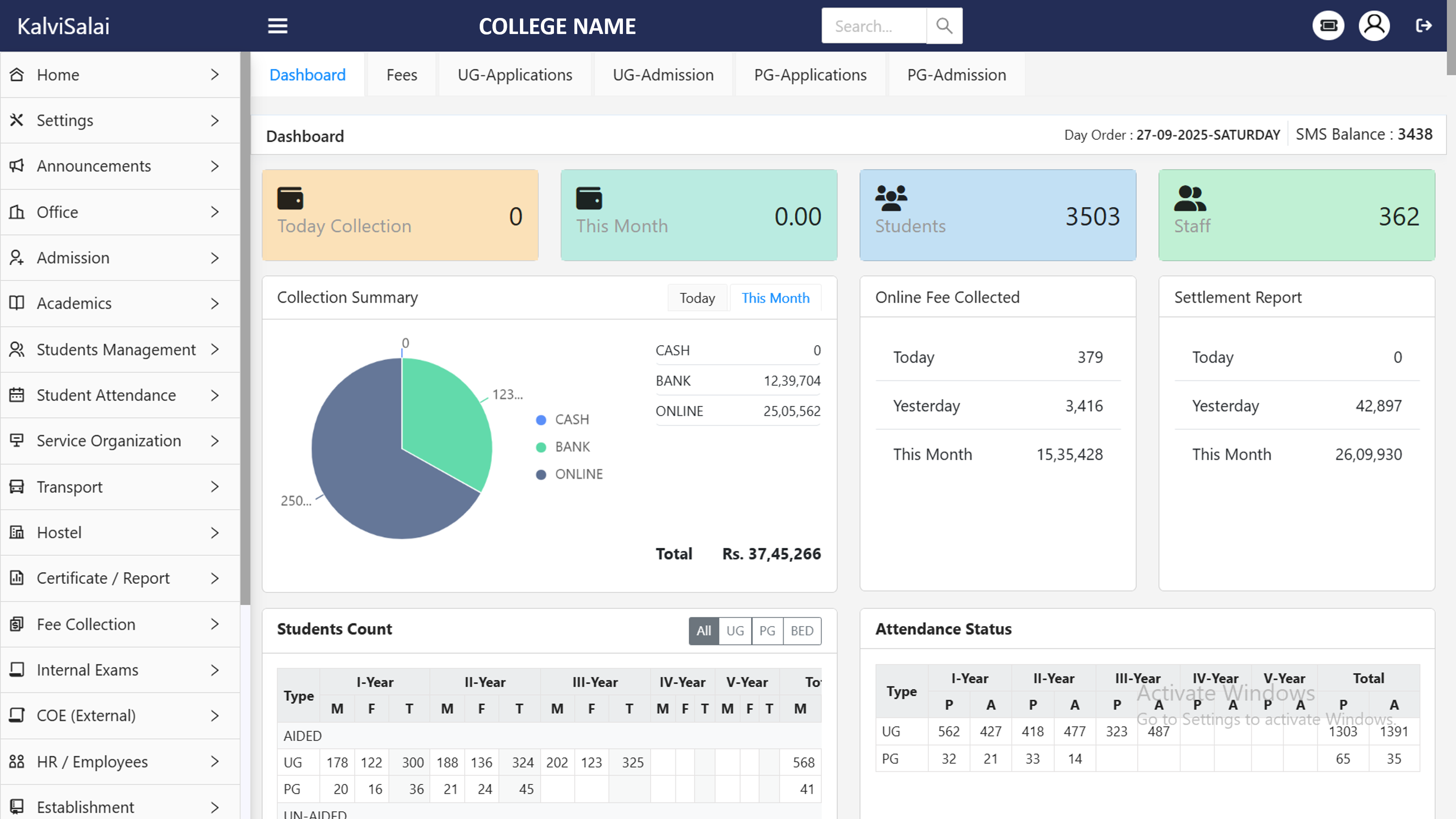 Kalvisalai College ERP screenshot: Kalvisalai College ERP dashboard
