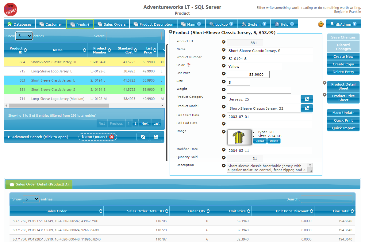 dbFront screenshot: Main Form showing 3 relationships