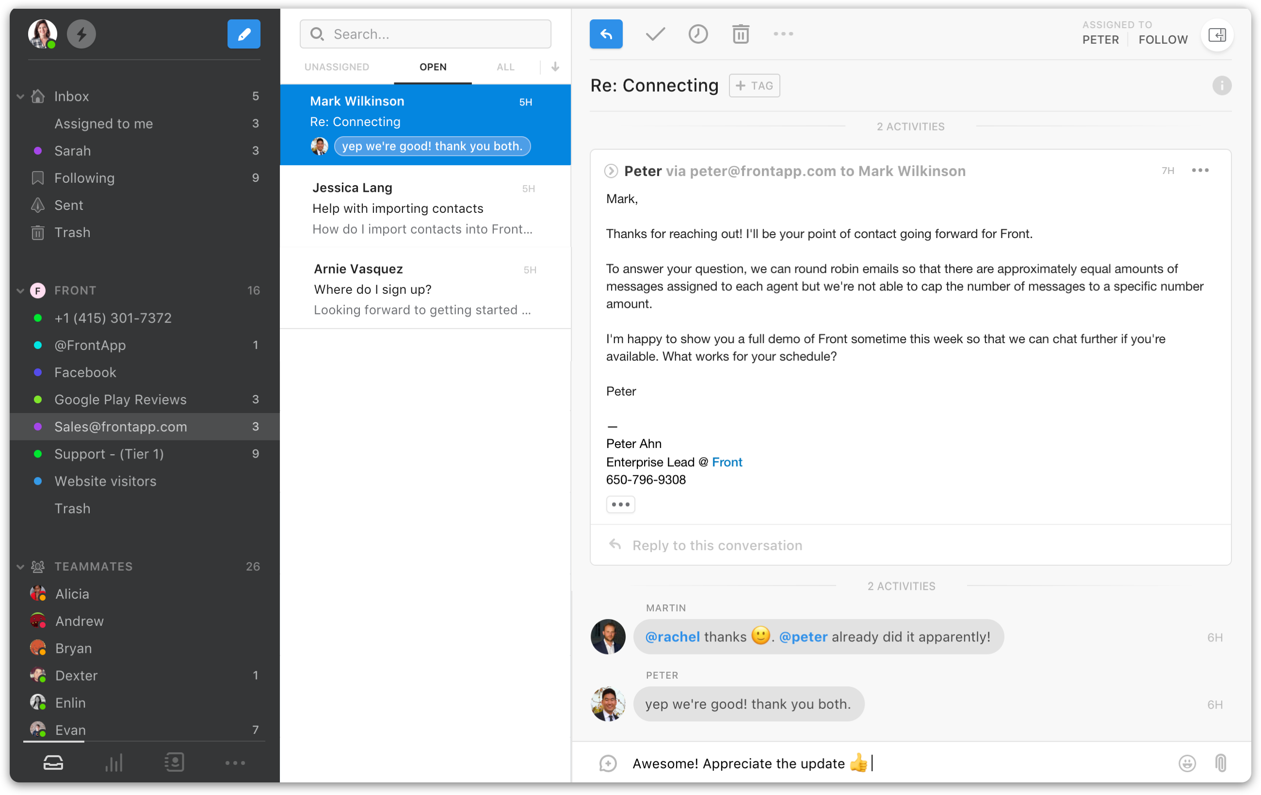 Front Software - Direct mention teammates to internally discuss messages and leave comments
