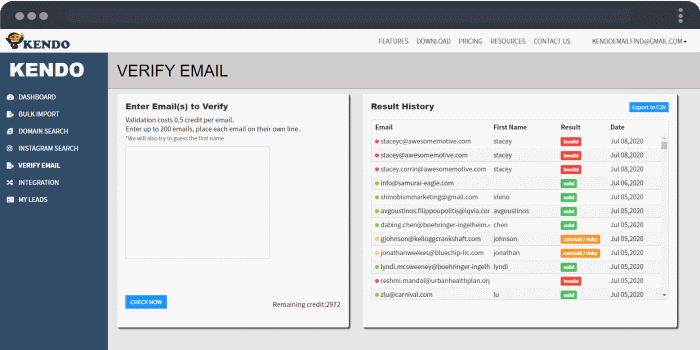 Kendo email verification interface with input field and result history log