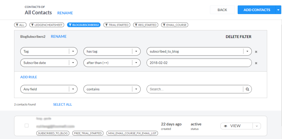 Automizy Software - Contacts can be filtered and segmented based on their assigned tags