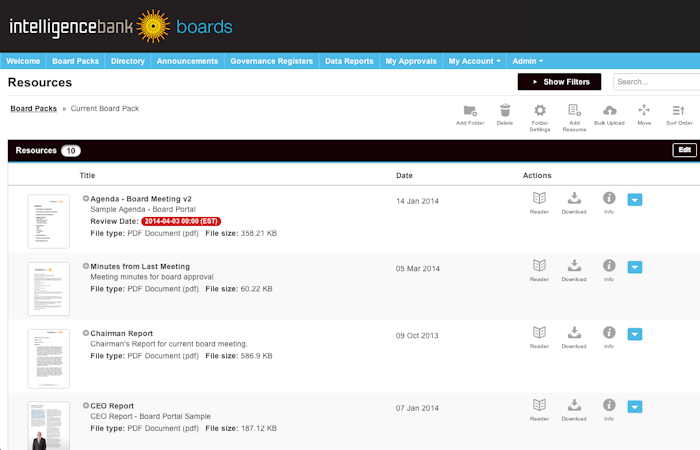 IntelligenceBank Boards screenshot: Securely Manage Board Packs - review dates, sort order & bulk upload
