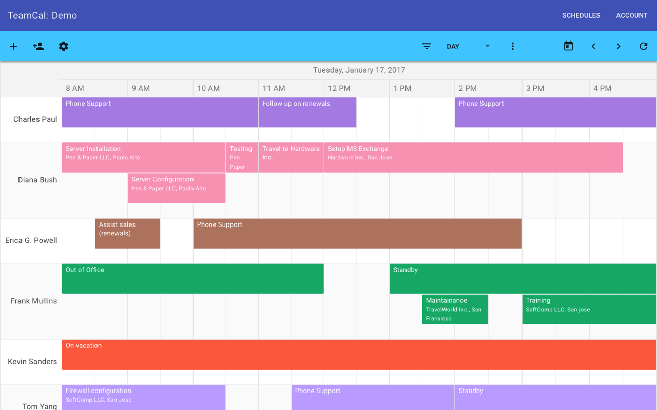 TeamCals Schedule View is a new horizontal view for Google Calendar that displays many calendars at once.