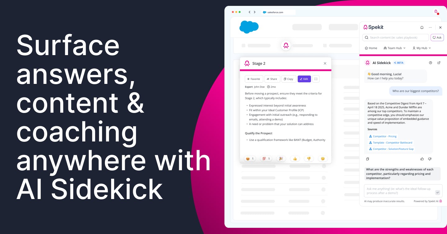 Spekit Software - Imagine having an assistant that knows exactly what resources, content, or information you need, even before you do. Say hello to AI Sidekick—your intelligent sales partner embedded directly into your daily workflow, making you unstoppable.