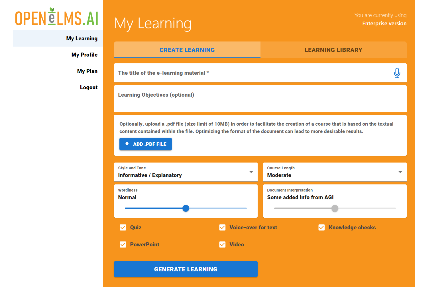 Open eLMS AI screenshot: 
Learning Generation Interface: Add a text prompt or PDF, choose your parameters and press generate.