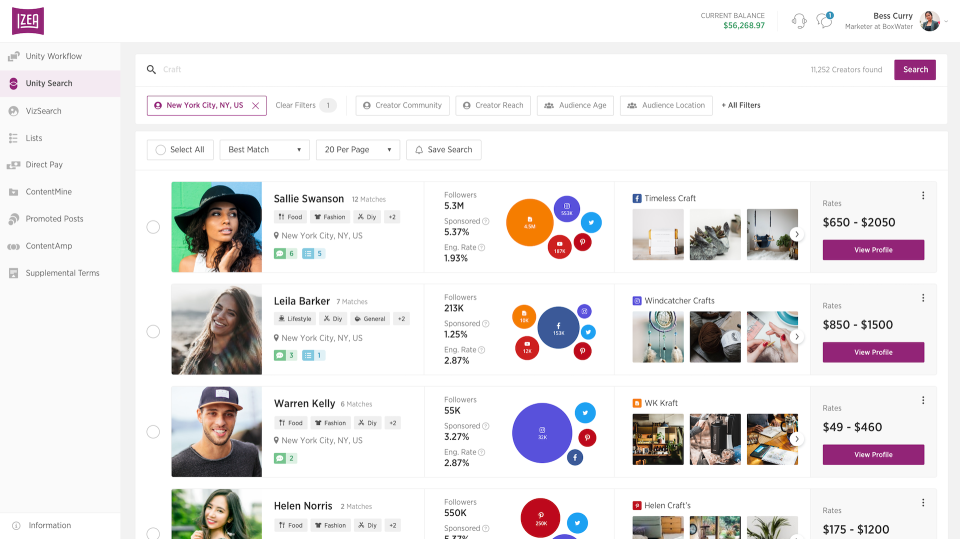 Izea screenshot: Izea content creator seach