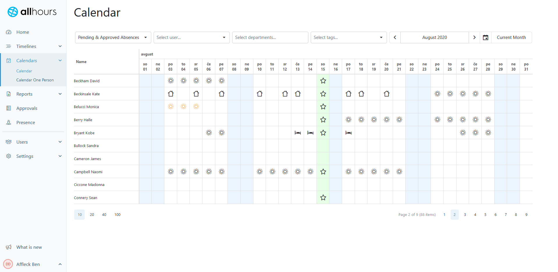 A glance at your company. The web app offers a calendar view of all important events such as absences and late arrivals besides powerful custumizable reports and payroll exports.