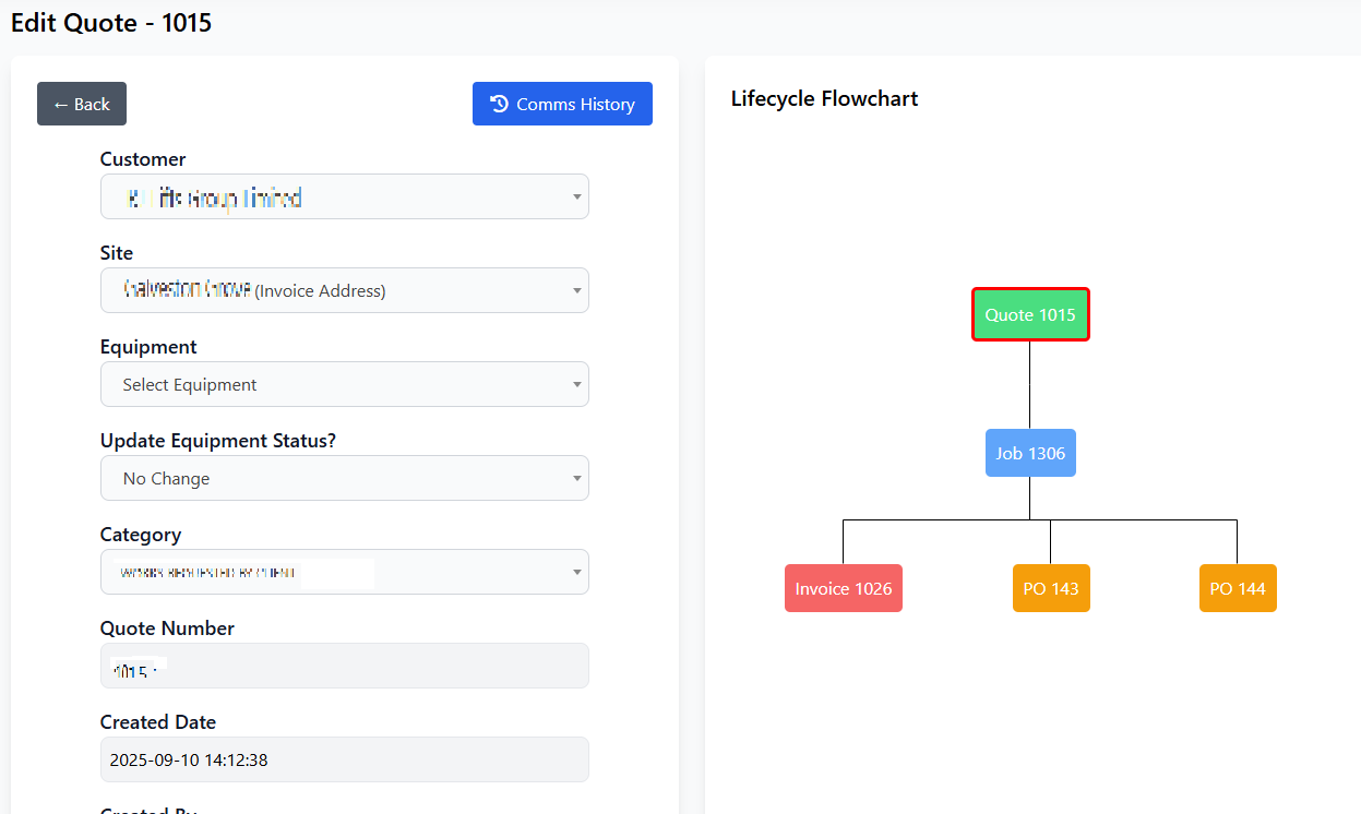 Field Ascend screenshot: See how quotes, jobs, invoices, purchase orders and credit notes are linked! Everything is structured in an easy and intuitive way, the lifecycle flow chart shows this visually. 