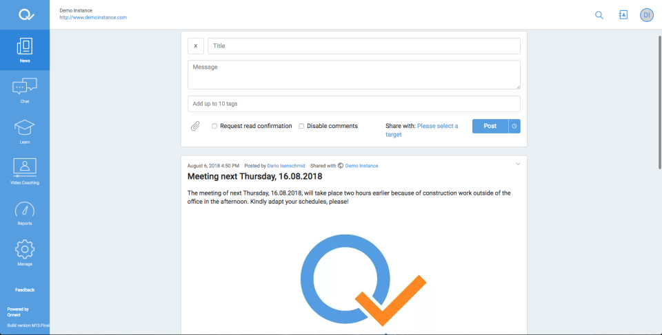 Connect screenshot: Users can create and share messages on the Connect newsfeed to communicate events, announcements and ideas with employees