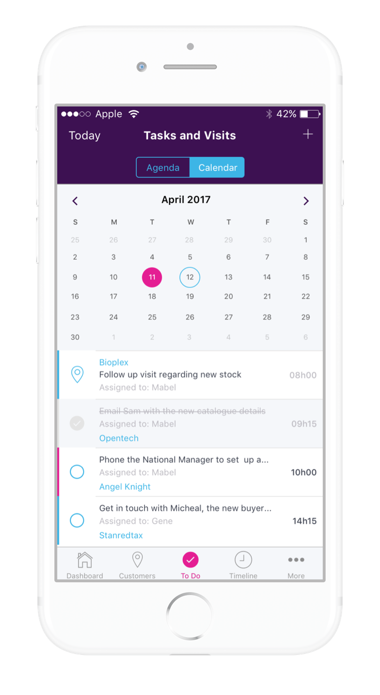 Skynamo Software - The built-in calendar allows management and reps to schedule tasks and customer visits