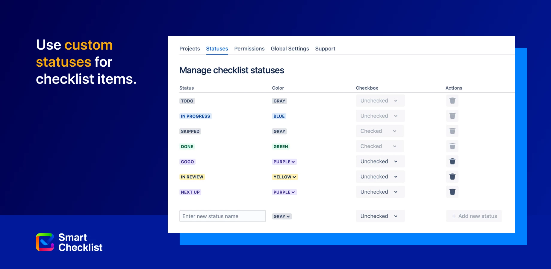 Use custom statuses for checklist items