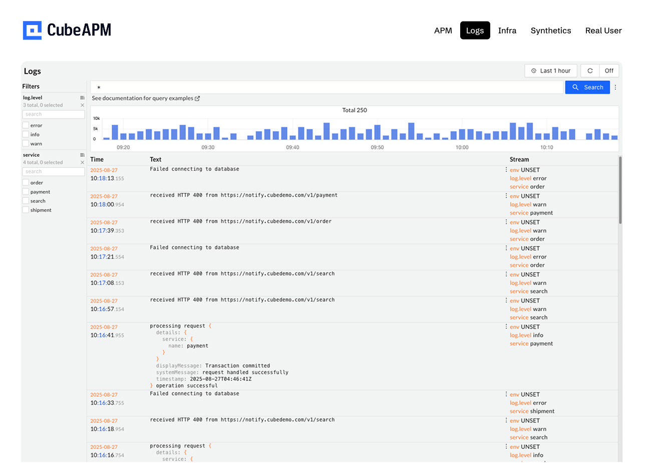 CubeAPM screenshot: CubeAPM log monitoring