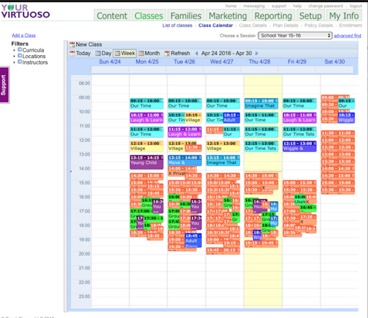 YourVirtuoso screenshot: Class calendar is color-coded and filterable by teacher, location or curriculum