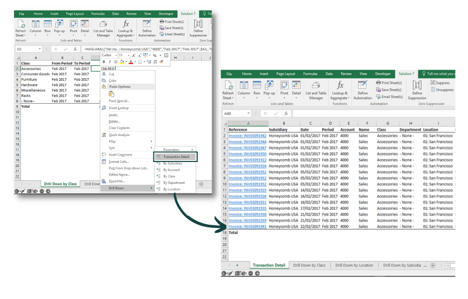 Achieve full drill down and drill back of NetSuite data in Excel. Break down the data by subsidiary, account, class, department, and location  – all the way to the transaction level without leaving Excel.