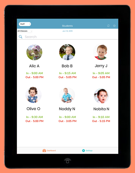 PREto3 Software - Check-in/out feature allows parents/guardians to easily check their child in and out and ensures children’s safety with real-time updates. The feature is also set up to allow staff to clock in and out.