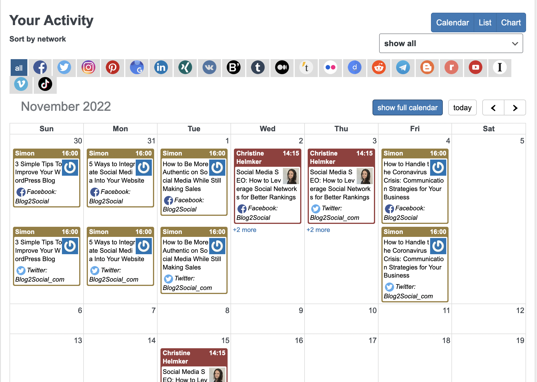 The shared social media calendar with all your social media posts.