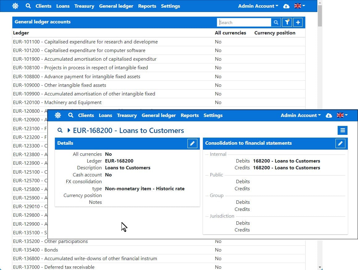 Corniche Software - General ledger account listing with overlaid account maintenance. Four different sets of financial statements are supported, including periodic financials required by your local jurisdiction. Consolidations of FX are to IFRS standards.