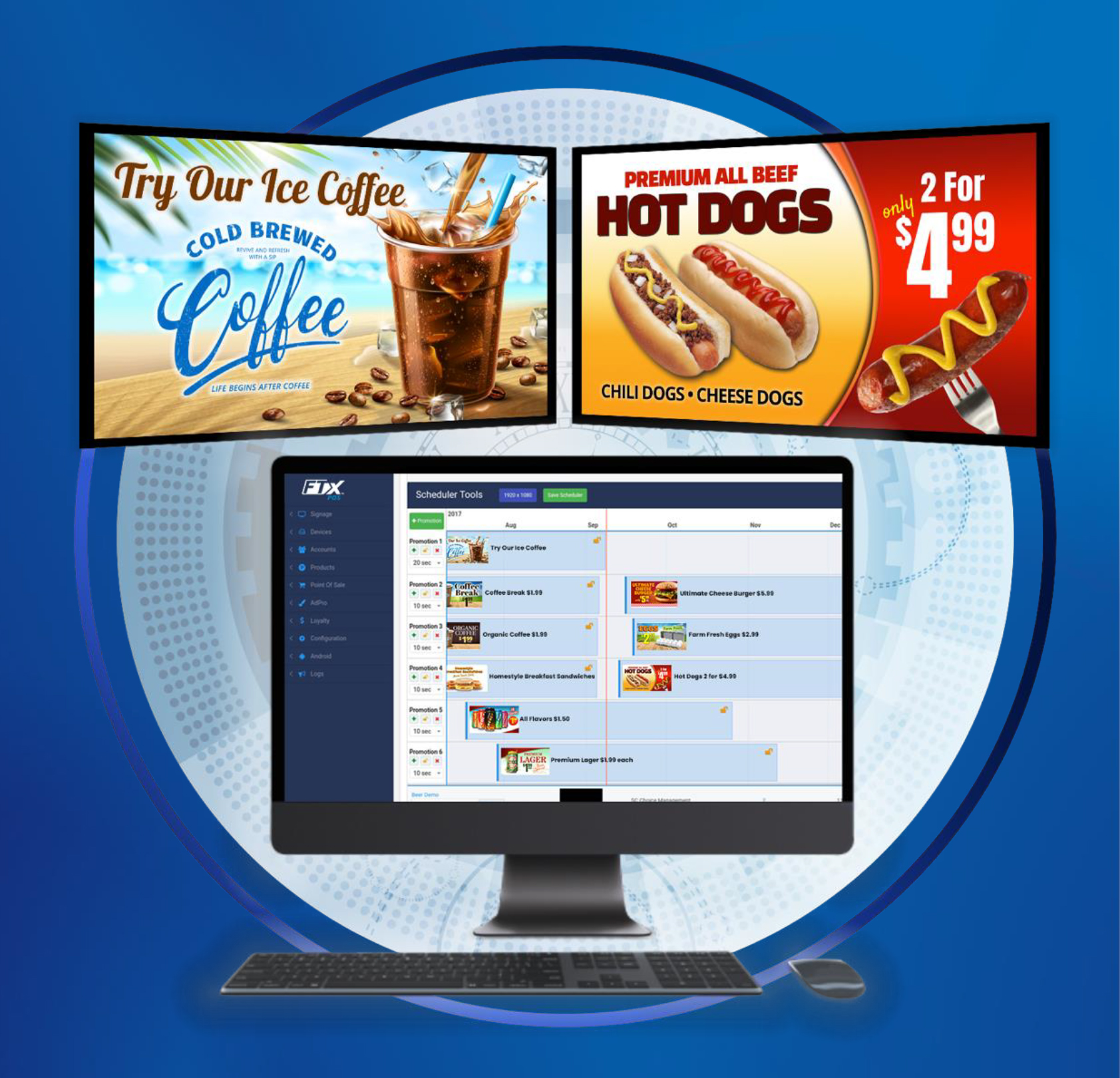 FTx Digital Signage scheduler allows managers to create rotating schedules with images, food/drink menus, and more. Deploy your designs, or use one of thousands of digital signage templates for any occasion.