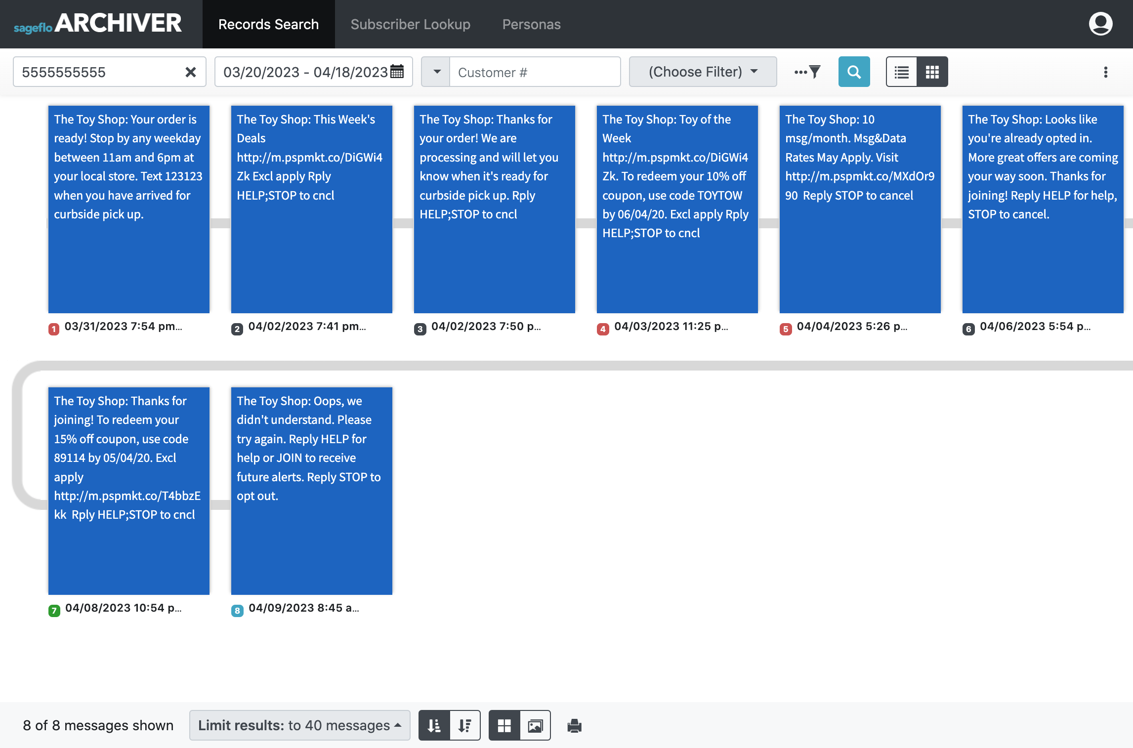 Archiver Software - The Customer Journey View can also show a visual overview of SMS messages sent to a customer.