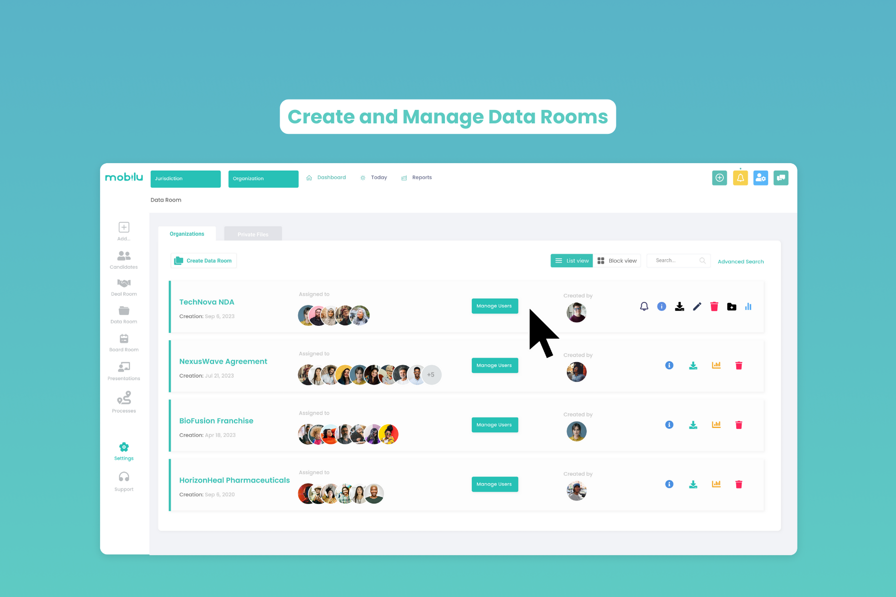 Mobilu Closing Portal screenshot: Create and Manage Data Rooms