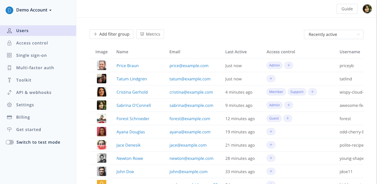 Userfront screenshot: Userfront dashboard