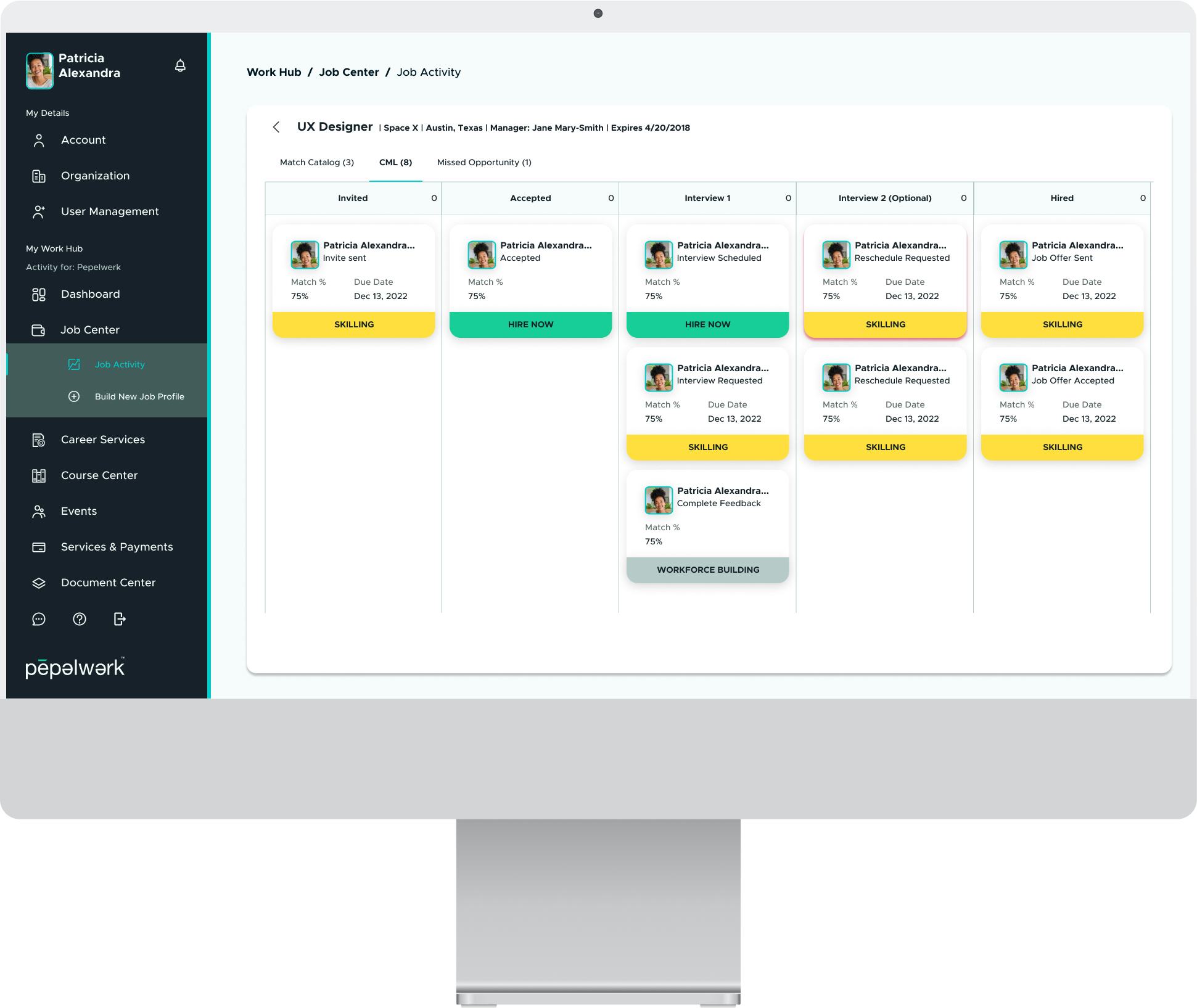 pepelwerk Software - Streamline hiring with AI-driven job matching. Track candidates through each hiring stage—invited, accepted, interviews and hired—ensuring faster decision-making and a more efficient recruitment process.