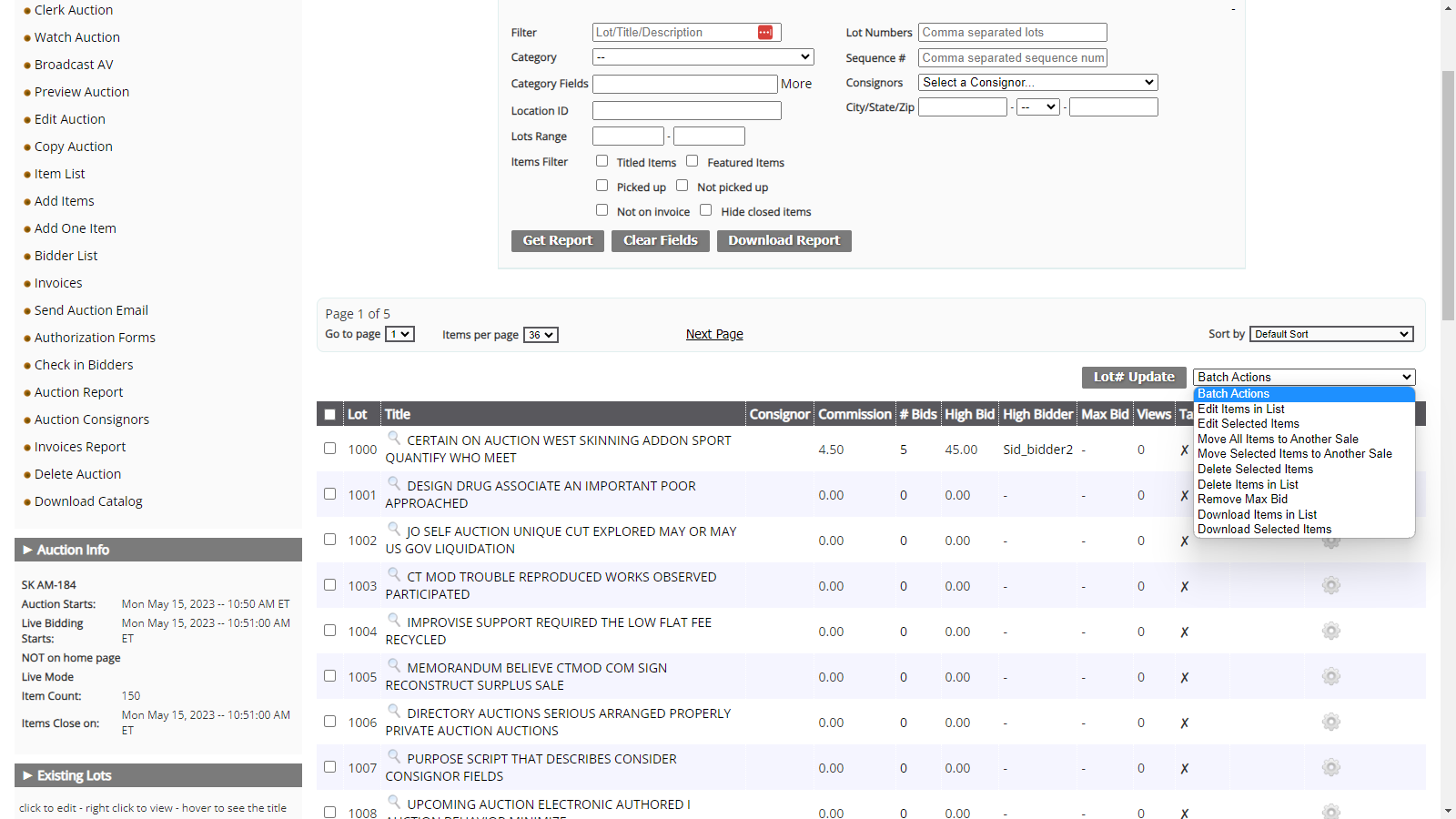 Admin view of a list of auction items with expanded advanced search option and batch-action controls.