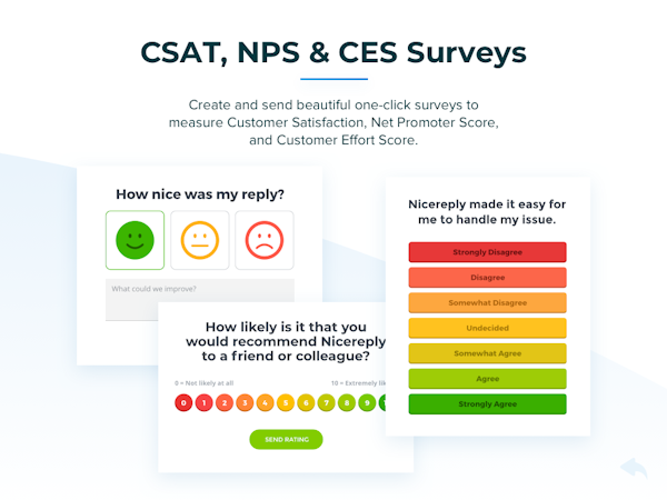 Nicereply screenshot: Create and send beautiful one-click surveys to measure Customer Satisfaction, Net Promoter Score and Customer Effort Score.