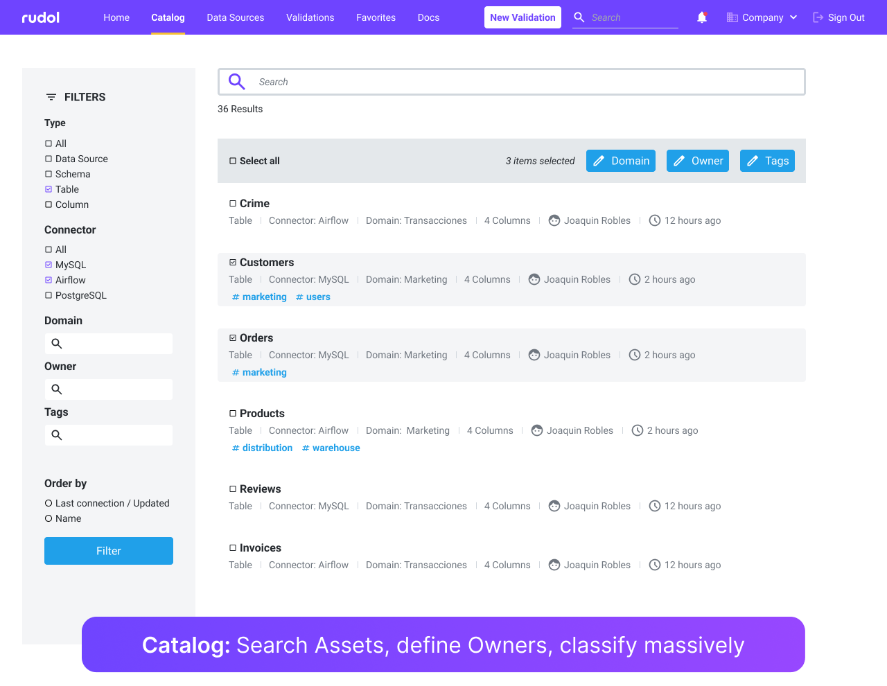 Catalog: Search Assets, define Owners, classify massively