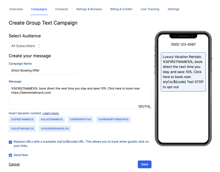StayFi create group text campaigns