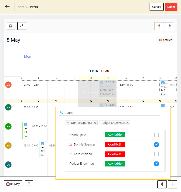 Team calendar with scheduling assistant. Finding the right technician is just 1 second away.