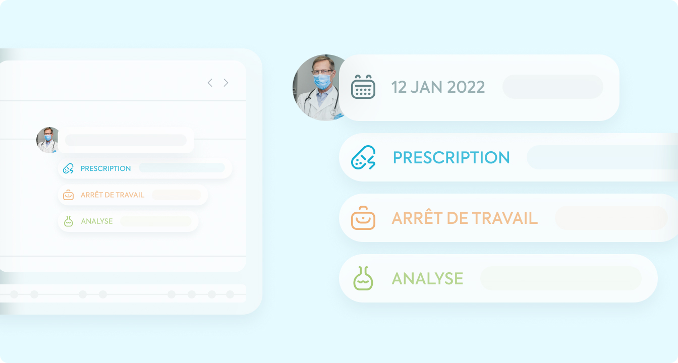 Katarina gives doctors quick access to patient records and appointment history. Our medical timeline locates you, in one click, on the medical history and the current state of the patient: medication, work stoppage, etc.