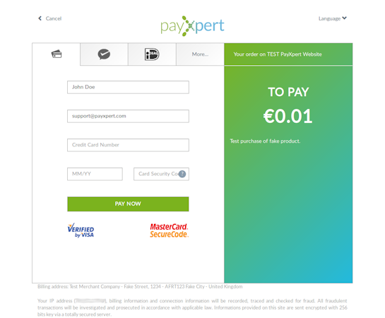 PayXpert screenshot: PayXpert payment page on desktop