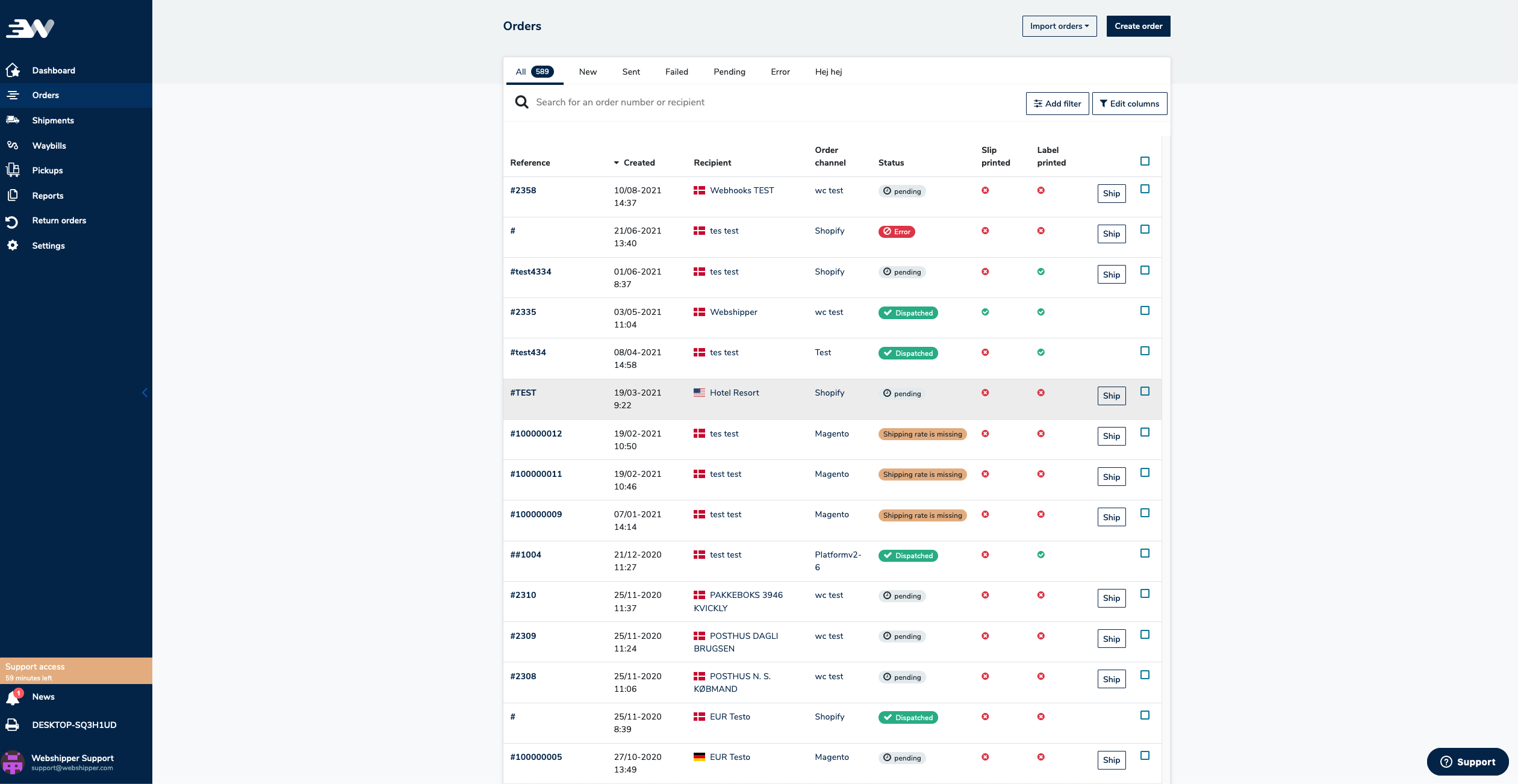 Webshipper screenshot: Wenshipper orders