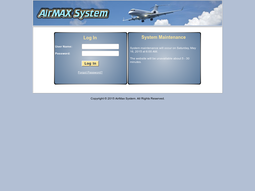 AirMAX Flight Management System login page screenshot