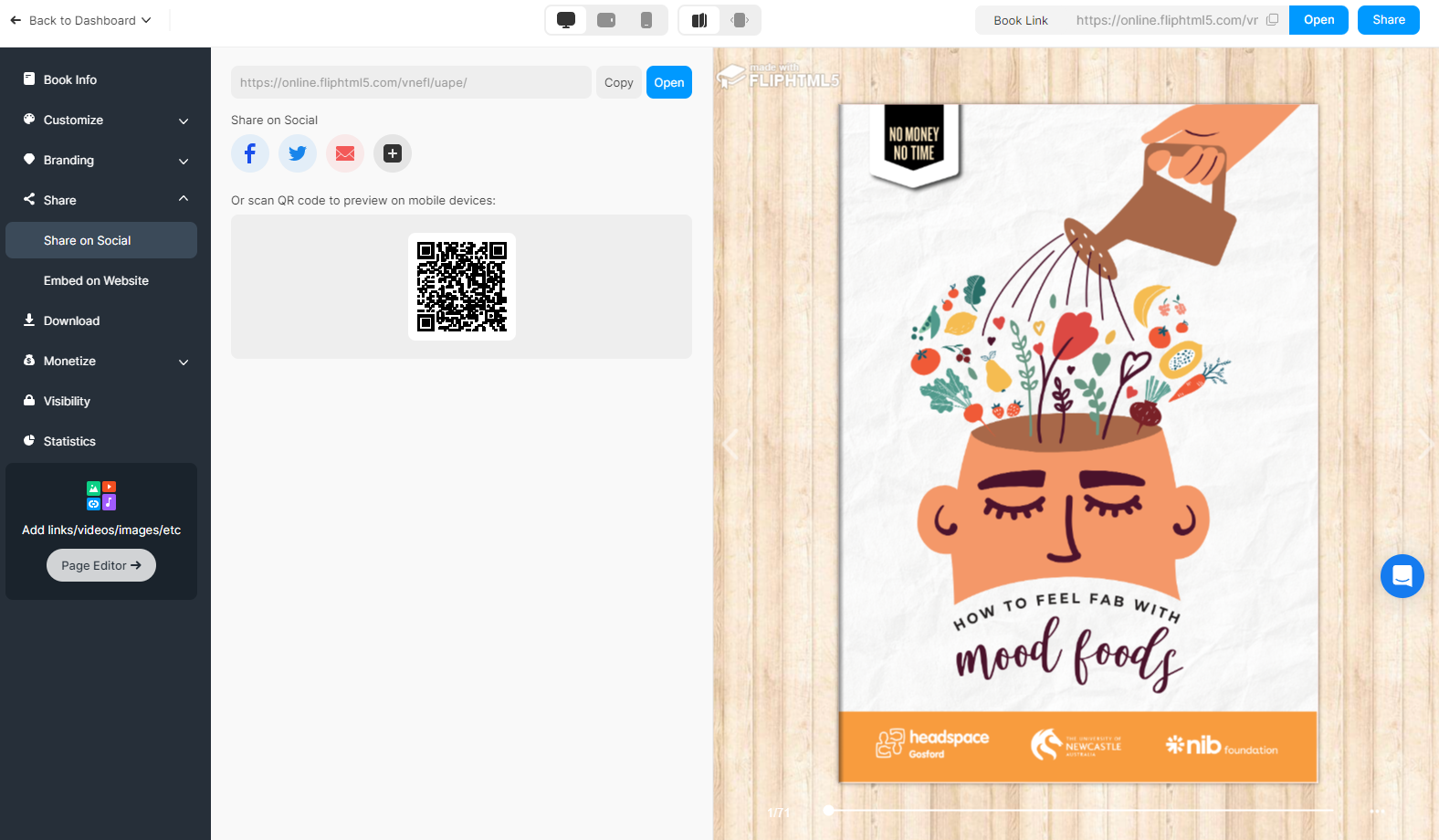 Share the flipbook online via email, chat groups, social media, and many other distribution channels with its auto-generated unique URL and QR code. Or embed it on websites with the given embed code.