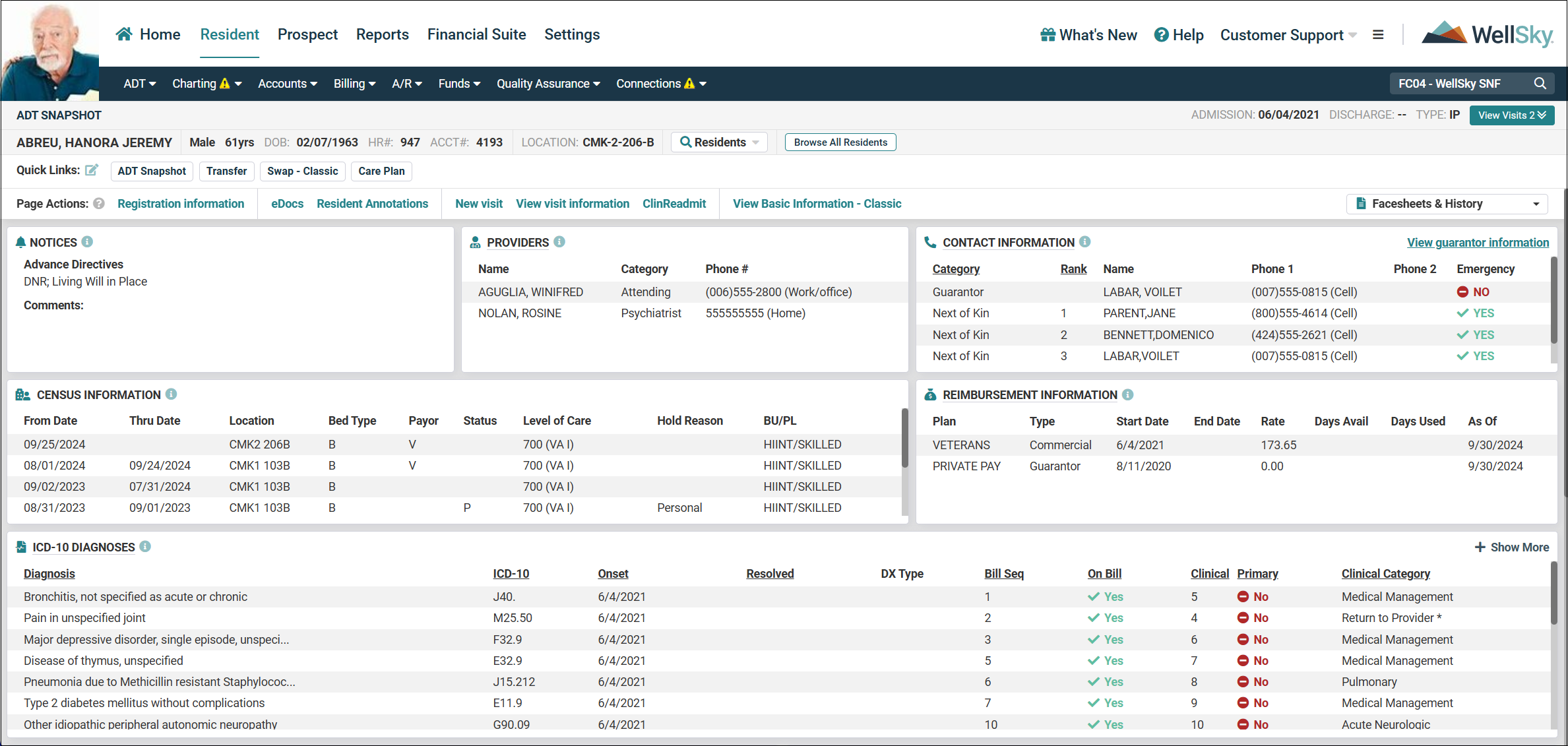 WellSky Long-Term Care screenshot: ADT Snapshot