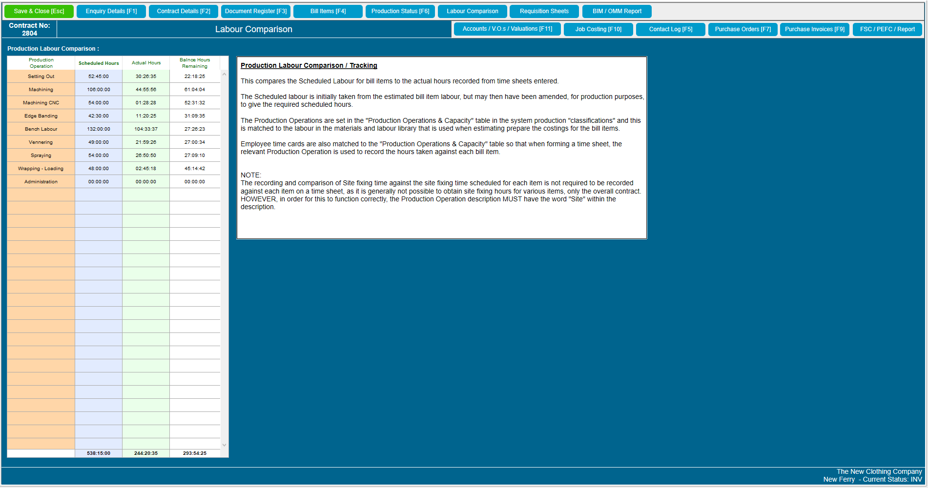 Contract Controller Software - As well as a labour comparison for each bill item, the system will give an overall labour comparison for the whole contract showing hours scheduled against those taken.