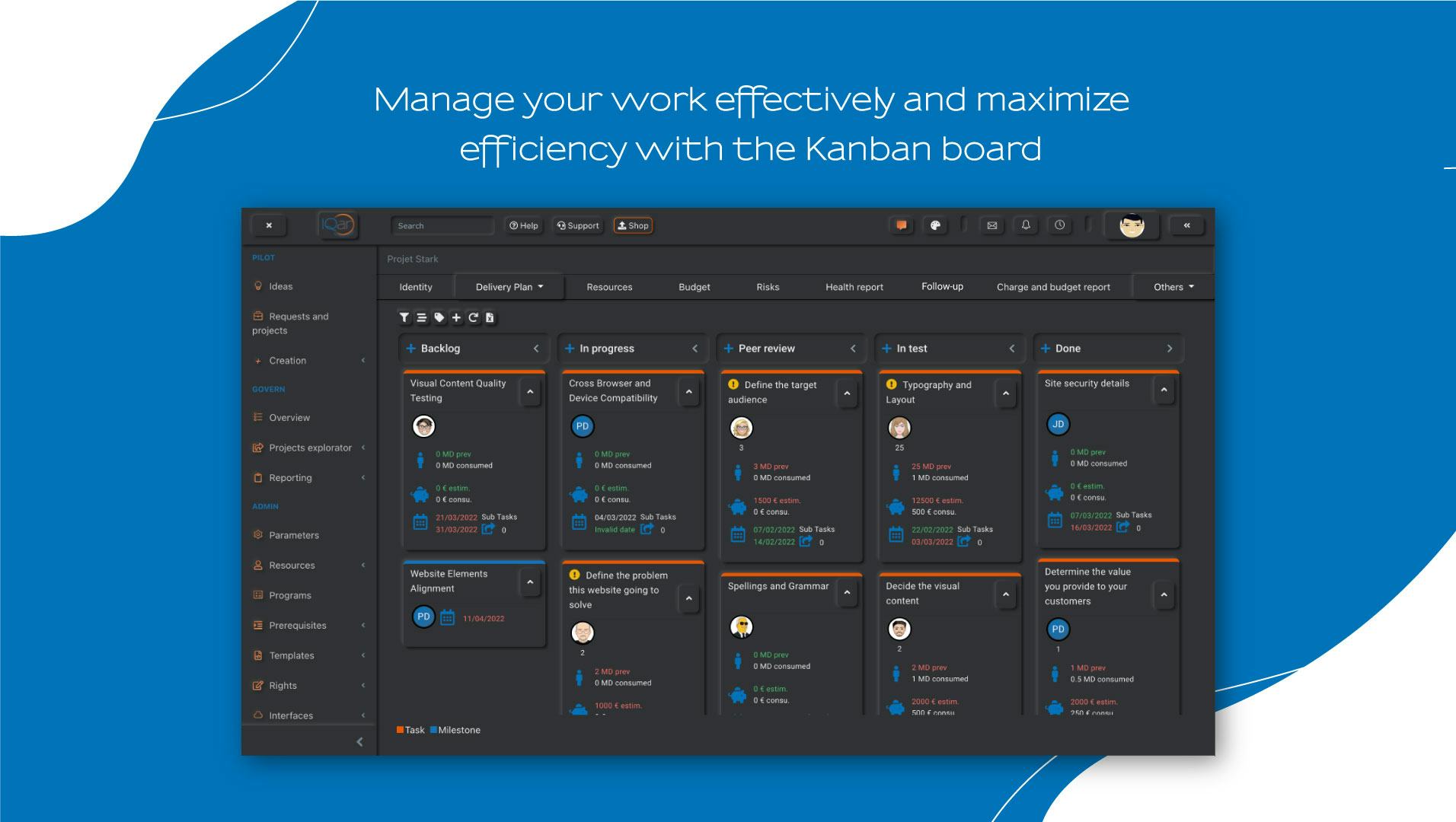 SuitePro-G Software - Kanban board in SuitePro-G - dark mode