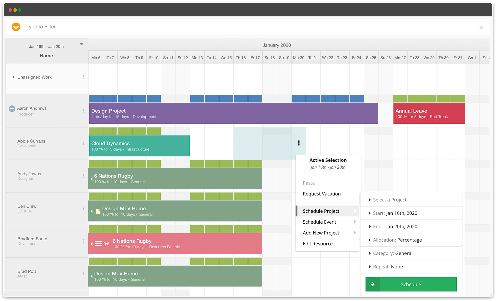 Hub Planner Scheduler for a transparent view when planning and forecasting projects. Easily view available resources based on skill sets, location as well as utilization rate. The drag & drop feature makes for simple scheduling of teams.