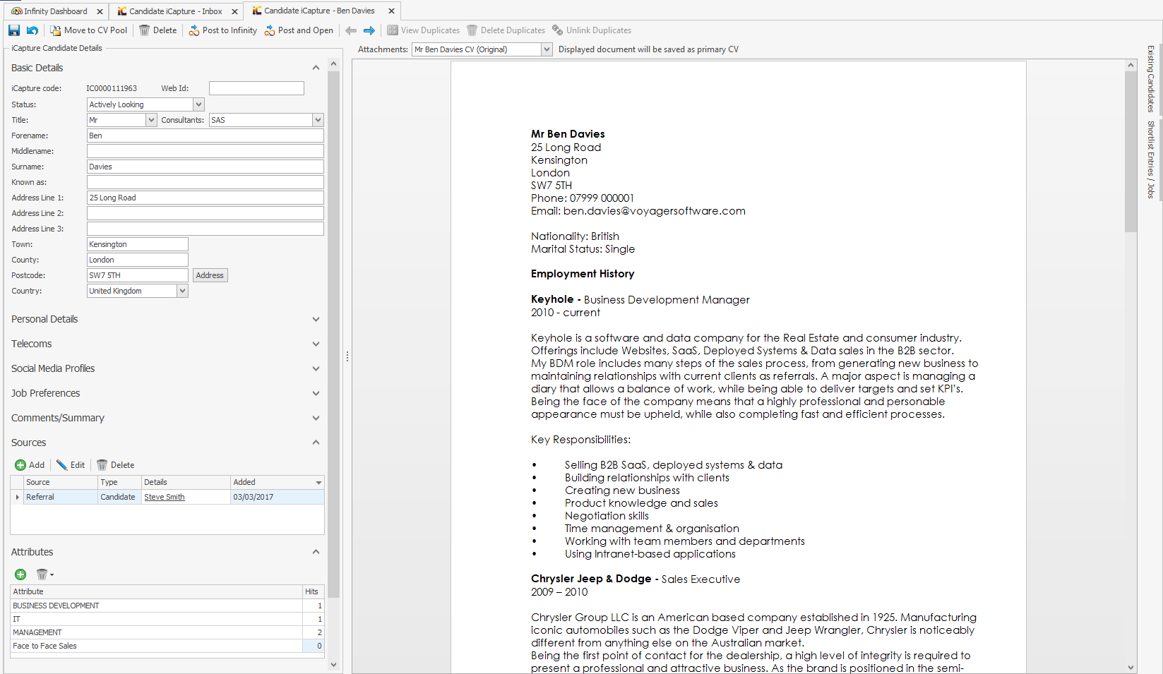 Voyager Infinity Software - Resume entry